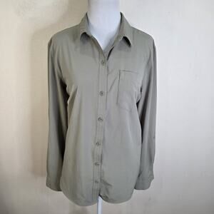 Eddie Bauer Women's Green Button Down Shirt Size Large Roll Tab Sleeve Stretch L